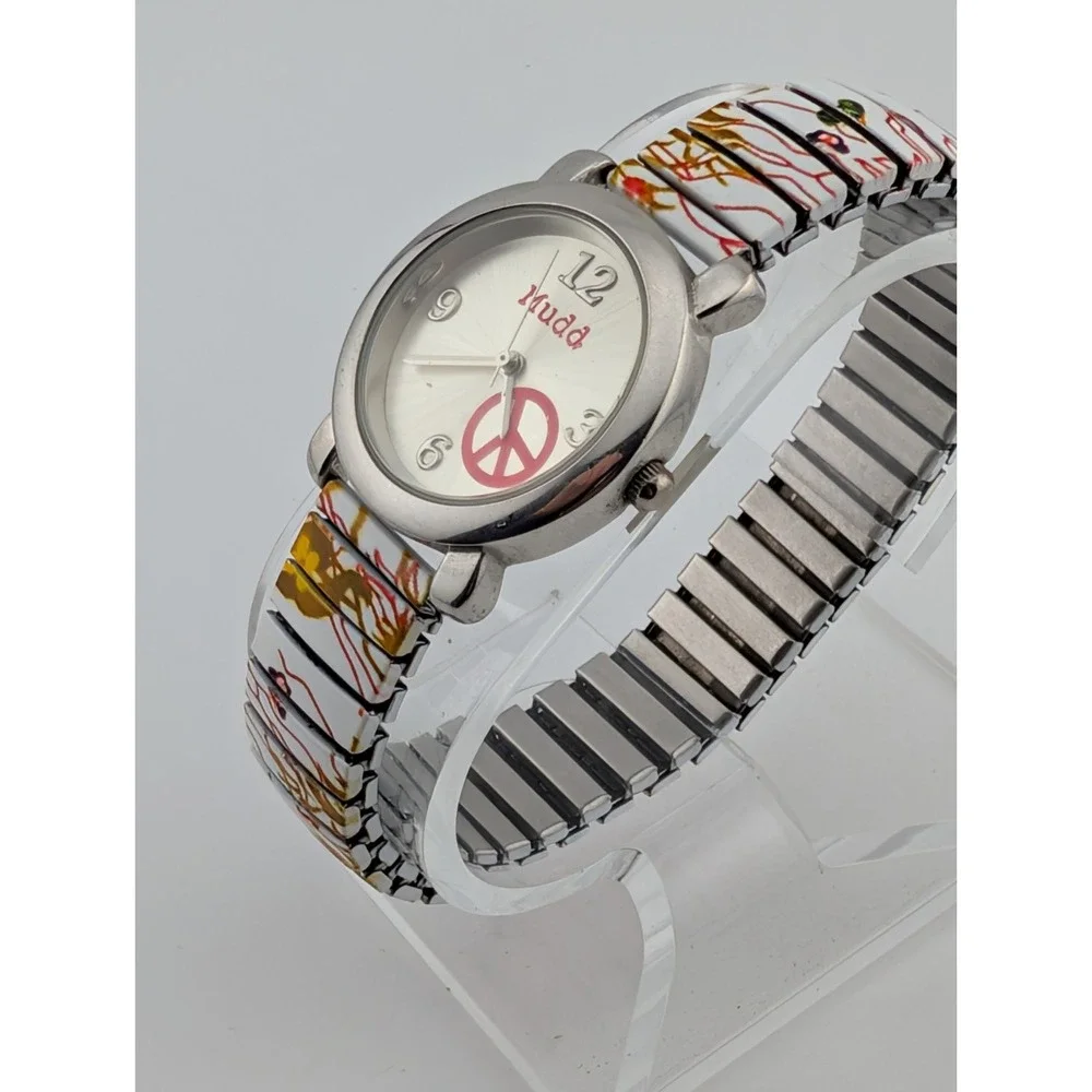 Mudd Watch Women 30mm Case Peace Sign‎ Dial Butterfly Stretch Band- New Battery